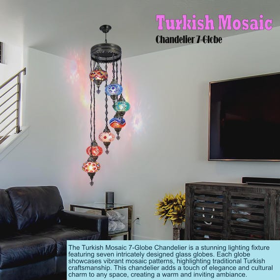 Handmade Turkish Mosaic Chandelier with 7 Colorful Globes