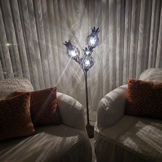 Moroccan Turkish Floor Lamp - Metal Lotus Tulip Design - Set of 3 Antique Brass Night Lights
