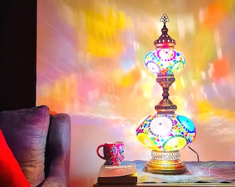 Lámpara de mesa de mosaico turco con vidrieras de 2 globos