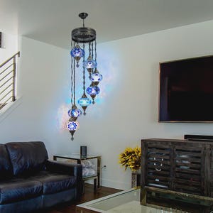 Blue Mosaic Glass Chandelier - Handcrafted Living Room Lighting