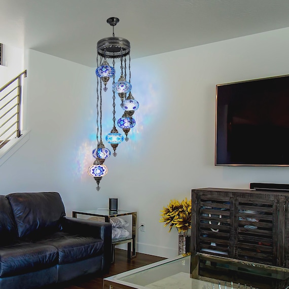 Blue Mosaic Glass Chandelier - Handcrafted Living Room Lighting