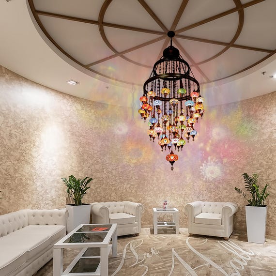 Large 55 Globe Colorful Turkish Mosaic Lamp, Elegant Hotel Restaurant Chandelier, Beautiful Pendant Light for Home and Commercial Decor