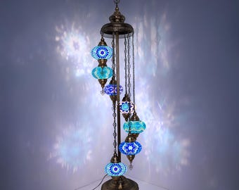 Handgemaakte Turkse mozaïekvloerlamp: staande lampen met 7 bollen van glas in lood