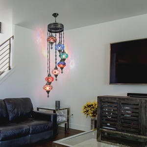 Handmade Turkish Mosaic Chandelier with 7 Colorful Globes