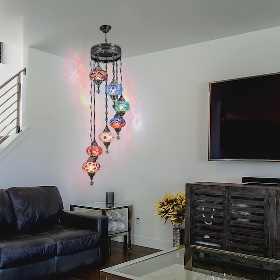 Handmade Turkish Mosaic Chandelier with 7 Colorful Globes