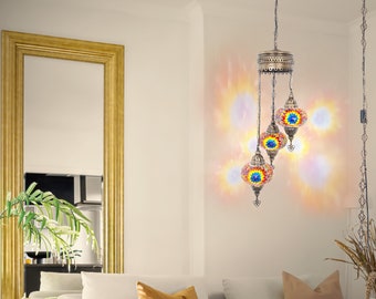 Handmade 3-Globe Turkish Mosaic Chandelier: Plug-in Swag Lamp