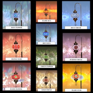 May include: Assortment of 10 Turkish mosaic glass lamps with different colored glass and designs. The lamps are hanging from a metal hook and have a round shape. The designs include blue flower, orange ball, flame rug, blue rug, green flower, blue circle, purple circle, flame flower, gold circle, and flame star.