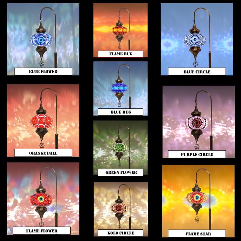 May include: Assortment of 10 Turkish mosaic glass lamps with different colored glass and designs. The lamps are hanging from a metal hook and have a round shape. The designs include blue flower, orange ball, flame rug, blue rug, green flower, blue circle, purple circle, flame flower, gold circle, and flame star.