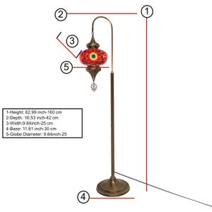 May include: A red and gold mosaic glass floor lamp with a curved arm and a round base. The lamp is 62.99 inches tall and has a 9.84 inch diameter globe. The lamp is shown with measurements in inches and centimeters.