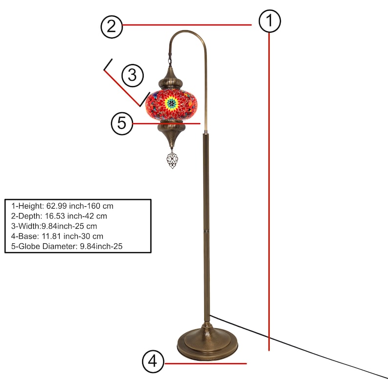 May include: A red and gold mosaic glass floor lamp with a curved arm and a round base. The lamp is 62.99 inches tall and has a 9.84 inch diameter globe. The lamp is shown with measurements in inches and centimeters.