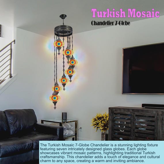 Bohemian Stained Glass Chandelier with 7 Oversized Globes