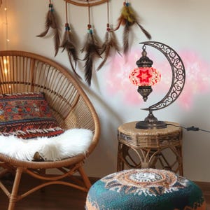 Enchanting Crescent Moon Desk Lamp - Turkish Mosaic Design, 20 Color Options, Stained Glass Lamp