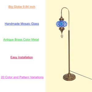 May include: A floor lamp with a large, blue and white mosaic glass globe shade. The lamp is made of antique brass metal and has a 9.84 inch globe. The lamp is easy to install and comes in 20 different color and pattern variations.