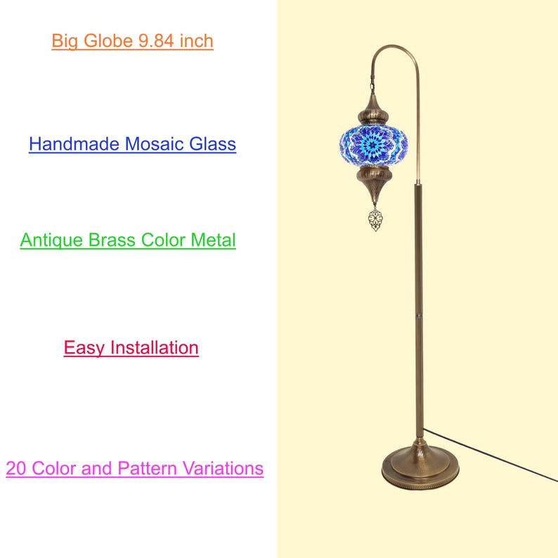 May include: A floor lamp with a large, blue and white mosaic glass globe shade. The lamp is made of antique brass metal and has a 9.84 inch globe. The lamp is easy to install and comes in 20 different color and pattern variations.