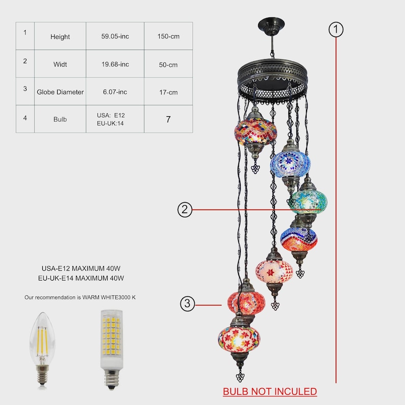 May include: A 7-light chandelier with colorful mosaic glass globes. The chandelier is made of metal and has a black finish. The globes are in shades of blue, red, green, and yellow. The chandelier is hanging from a ceiling and is surrounded by a white background. The text 'BULB NOT INCLUDED' is at the bottom of the image. The text 'USA-E12 MAXIMUM 40W EU-UK-E14 MAXIMUM 40W Our recommendation is WARM WHITE3000 K' is in the lower left corner of the image. The text 'Height 59.05-inc 150-cm Widt 19.68-inc 50-cm Globe Diameter 6.07-inc 17-cm Bulb USA: E12 EU-UK:14 7' is in a table in the upper left corner of the image.
