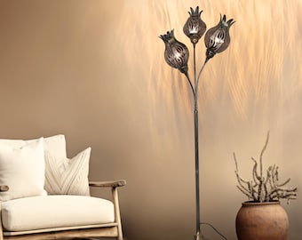 Moroccan Floor Lamp: Antique Brass Lotus Tulip Design - Set of 3