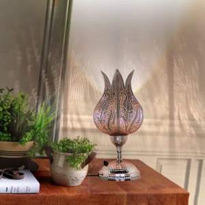 Può includere: Una lampada da tavolo argentata con un paralume decorativo a forma di tulipano. Il paralume è in metallo e presenta un design a taglio. La lampada è su un tavolo di legno con un libro e piante.