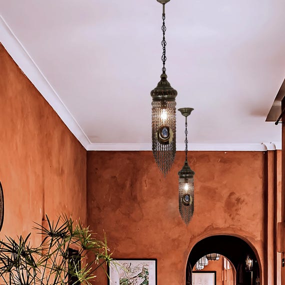 Turkish Moroccan Hanging Lamp with Unique Chain Pattern - Handmade Lighting