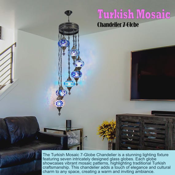 Blue Mosaic Glass Chandelier - Handcrafted Living Room Lighting