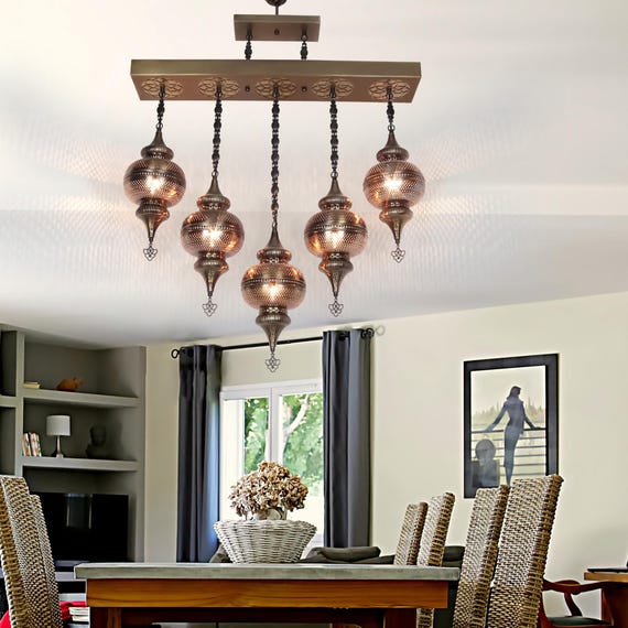 Turkish Morrocan 5 Metal Globe Linear Chandelier - Pendant Ceiling Light for Dining Room, Kitchen Island Lamp