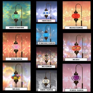 May include: A collection of 10 Turkish mosaic lamps with different colored glass designs. The lamps are on a stand with a curved arm. The colors include green, turquoise, white, blue, orange, pink, red, purple, and black.