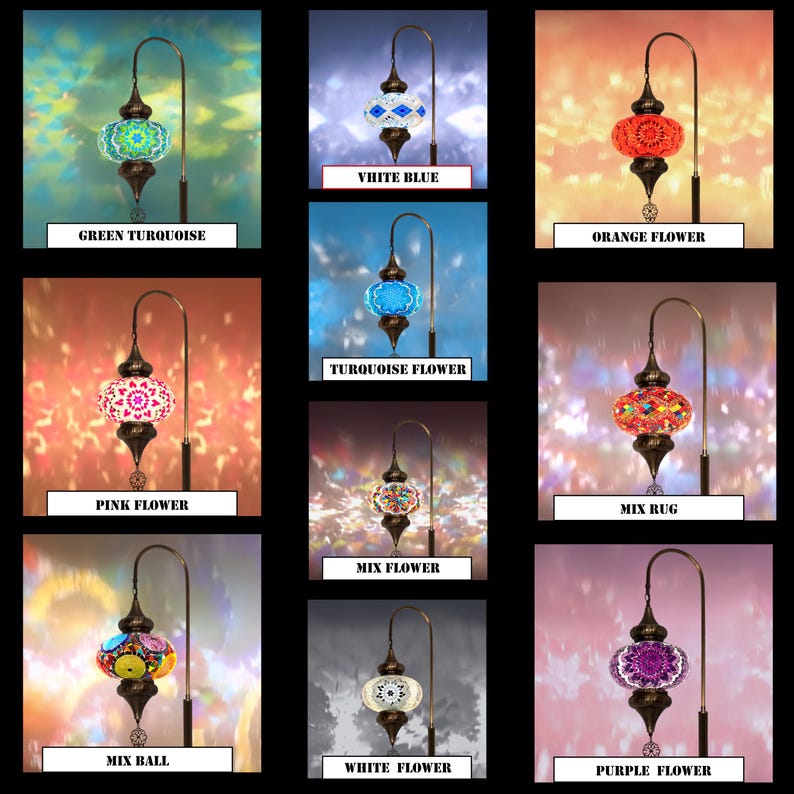 May include: A collection of 10 Turkish mosaic lamps with different colored glass designs. The lamps are on a stand with a curved arm. The colors include green, turquoise, white, blue, orange, pink, red, purple, and black.