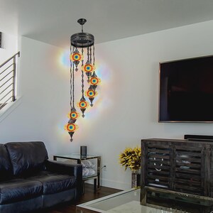 Bohemian Stained Glass Chandelier with 7 Oversized Globes