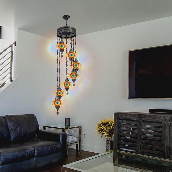 Bohemian Stained Glass Chandelier with 7 Oversized Globes