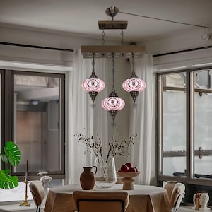 Turkish Mosaic Pendant Light – Linear 3-Globe Chandelier, Handcrafted Decorative Lighting