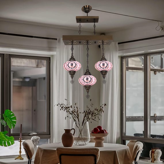 Turkish Mosaic Pendant Light – Linear 3-Globe Chandelier, Handcrafted Decorative Lighting