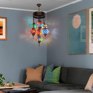 Turkish Mosaic Chandelier 7 Globe, Living Room Chandelier, Moroccan Hanging Lamp, Pendant Ceiling Light