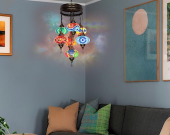 Turkish Mosaic Chandelier 7 Globe, Living Room Chandelier, Moroccan Hanging Lamp, Pendant Ceiling Light