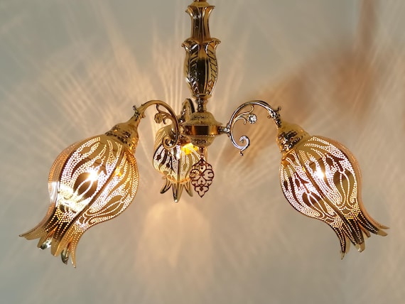 Handcrafted Moroccan Metal Chandelier Set - Turkish Tulip Lotus Pattern - 3-Piece Ceiling Light