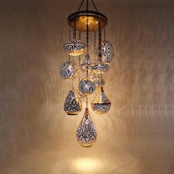 Turkish Morrocan 11 Metal Globe Chandelier - Pendant Ceiling Light for Living Room Gold Light