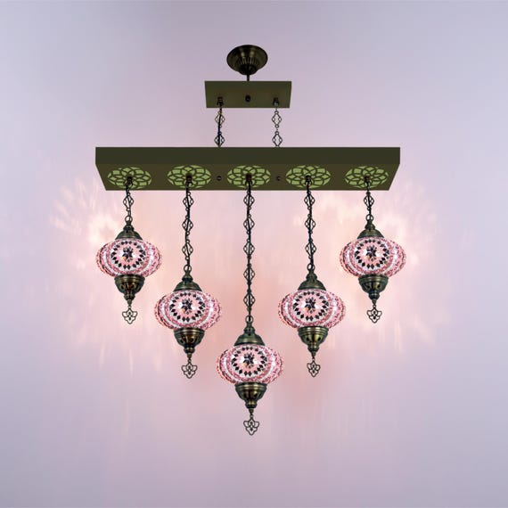 Turkish Mosaic Pendant Light – Linear 5-Globe Chandelier, Handcrafted Decorative Lighting