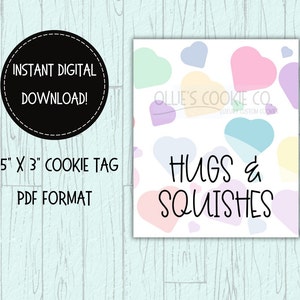 May include: A printable cookie tag with a pastel pink, blue, and yellow heart pattern. The text "HUGS & SQUISHES" is written in black. The tag is 2.5 inches by 3 inches and is in PDF format.