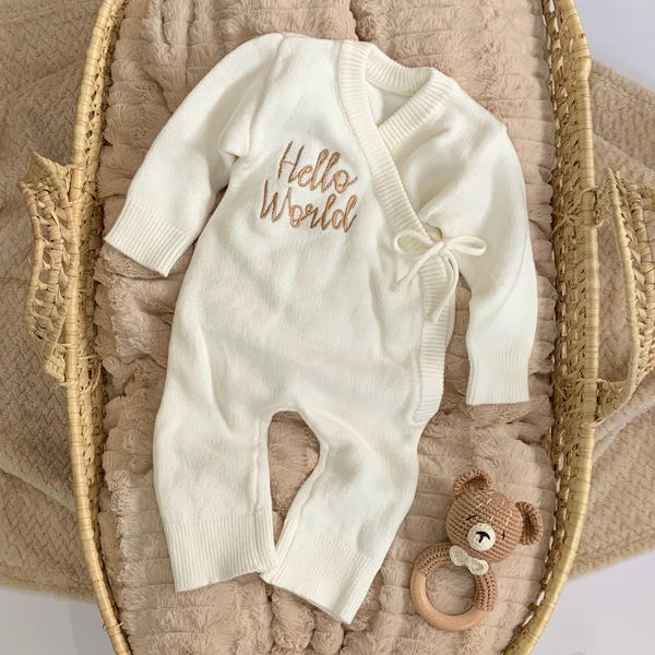 Knitted Hello World Romper - Newborn Knit Bodysuit - Baby Coming Home Outfit - Baby Shower Gift-Infant Photo Prop-Personalised Baby Romper