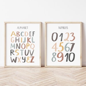 ABC Zahlenposter, Boho Alphabet Druck, Zählposter, Montessori Materialien, Aquarell Alphabet, Gender Neutral Kinderzimmerdekor