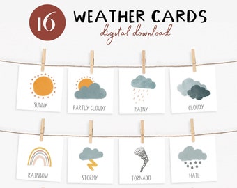 16 Weather Cards for Kids, Montessori Materials, Preschool Weather Flashcards, Educational Printables, Toddler Activities, Digital Download