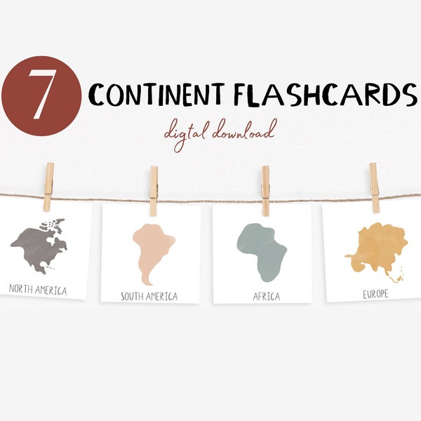 Watercolor Continent Flashcards, Montessori Flashcards, Preschool cards, Toddler Activity, Educational Printables, Digital Download