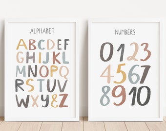 Boho Watercolor Alphabet Number Set of 2 Prints, ABC Print, Counting Poster, Montessori Materials, Neutral Watercolor Nursery Decor