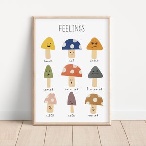 Kids Feelings Chart, Mushroom Wall Art, Boho Classroom Decor, Emotions Poster, Montessori Educational, Calming Corner, Digital Download