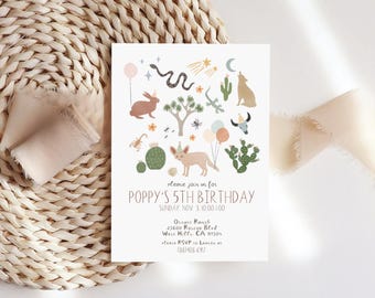 Invitación a fiesta de cumpleaños en el desierto, invitación editable a fiesta de cumpleaños para niños, fiesta de cumpleaños de animales, cumpleaños con temática de cactus, fiesta de cumpleaños de niñas