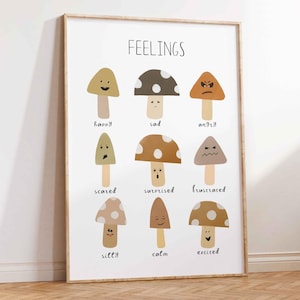 Cuadro de sentimientos neutrales para niños, arte mural con hongos, póster de emociones, decoración con acuarela de hongos, rincón relajante, materiales Montessori