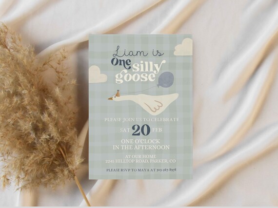 One Silly Goose Birthday Invitation, First Birthday Party for Boy, Farm Animal Birthday, Blue Silly Goose Invite, Editable Corjl Template