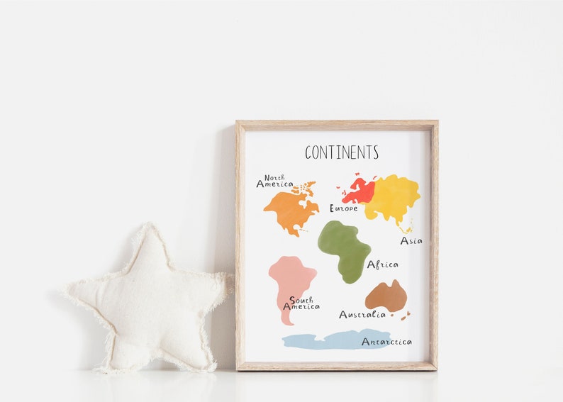 Kids Continents Poster, Montessori Colored Continent Map, Educational Printable, Learning Continents, Homeschool Materials, Digital Download image 2