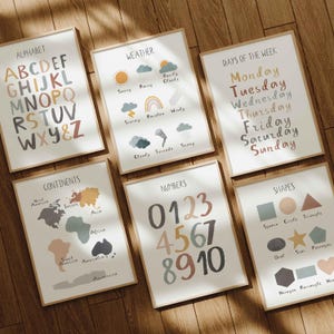 Pósteres educativos, juego de 6 imprimibles para la educación en el hogar, decoración de aulas boho, sala de juegos Montessori para niños pequeños, arte de pared neutro para guardería infantil
