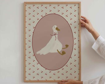 Vintage Goose Print, Silly Goose Wall Art, Farm Kitchen Decor, Cherry Wall Art, Pink Cottagecore Decor, Red Croquette, Girls Room Bow Art