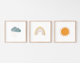 Boho Sun Rainbow Cloud Wall Art, Pastel Rainbow Wall Art Set of 3 Prints, Boho Nursery Decor, Trendy Girl Nursery, Scandi Minimalist Prints