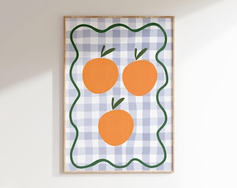 Watercolor Oranges Kids Room Print, Cute Orange Poster with Wavy line, Eclectic Girls Room Decor, Gingham Fruit Wall Art, Citrus Nursery Art